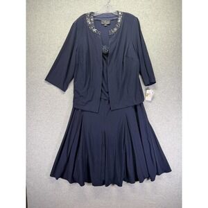 Alex Evenings Dress Jacket Set Womens 16W Navy Beaded Rhinestone Formal Evening